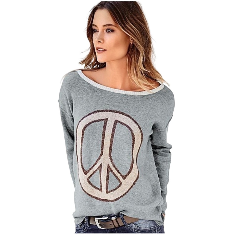 Venus Gray Peace Sign Glitter Knit Boat Neck Sweater Women's Plus Size 1X 610000